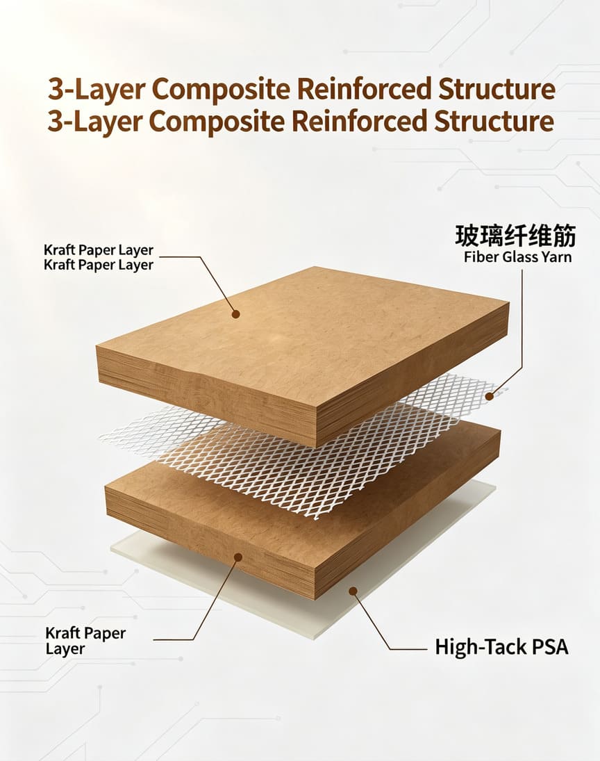  Self Adhesive Waterproof PE Film Laminated Fiber Reinforced Kraft Paper Tape