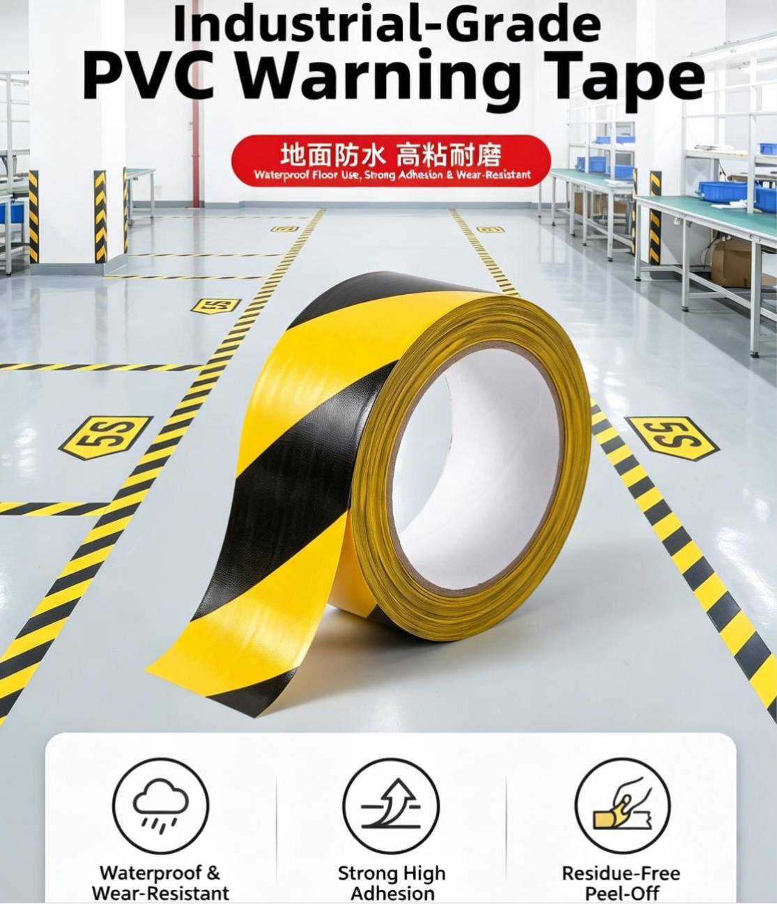  Waterproof Hazard Warning PVC Floor Marking Safety Tape